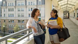 Students stop and talk on a campus bridge