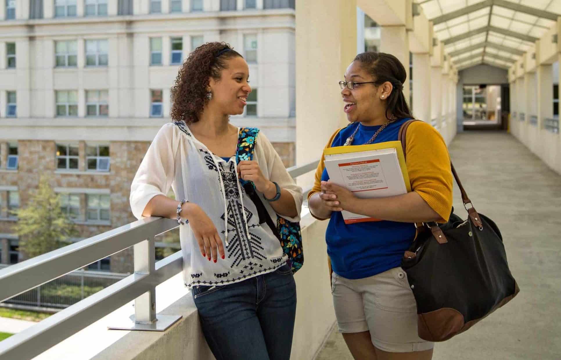 Students stand on bridge