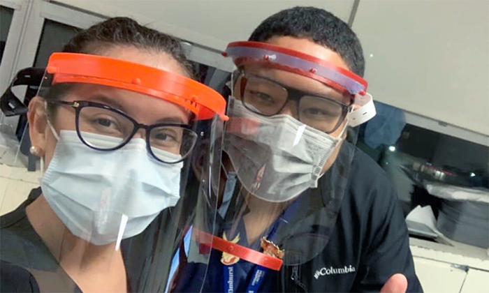 Medical staff wearing the 3D-printed face shields