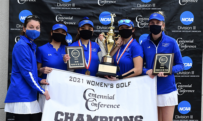 Members of the Marymount Women's Golf Team pose as they are awarded the Centennial Conference Championship