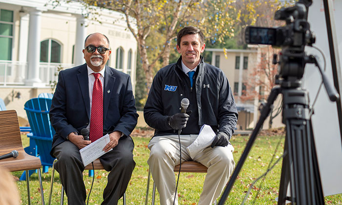 Upen Malani, Associate Vice President and Chief Operations Officer (left), interviewed by Jimmy McCumber, Associate Athletic Director for Development (right), on the 2021 Day of Giving livestream 
