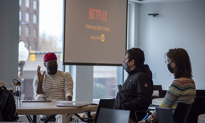 Marymount students attend an information session about the Netflix Pathways Boot Camp program