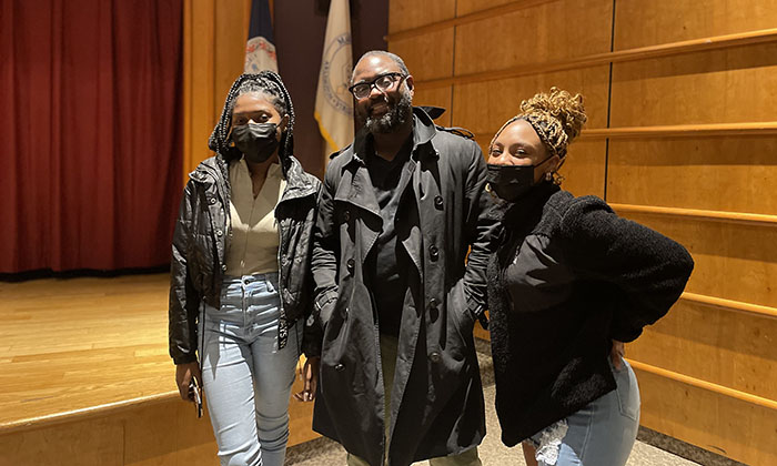 Two Marymount University students pose with Betts following his Spring Visiting Author discussion at Reinsch Auditorium 