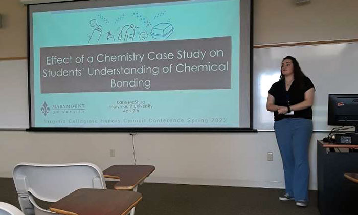 Katie McShea, a senior biochemistry major, presenting on the “Effect of a Chemistry Case Study on Students’ Understanding of Chemical Bonds”