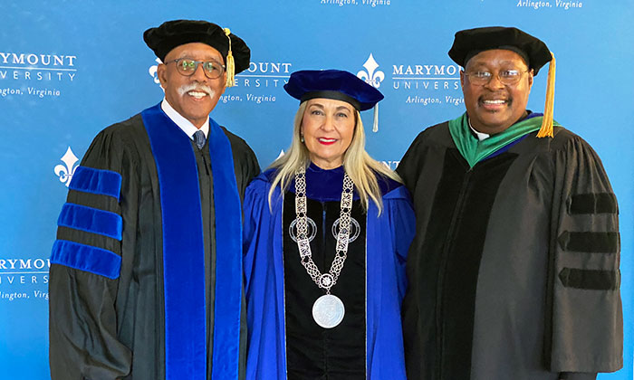 Dr. Julian Earls, commencement speaker for the College of Sciences and Humanities, with President Irma Becerra and Chaplain Gabriel Muteru