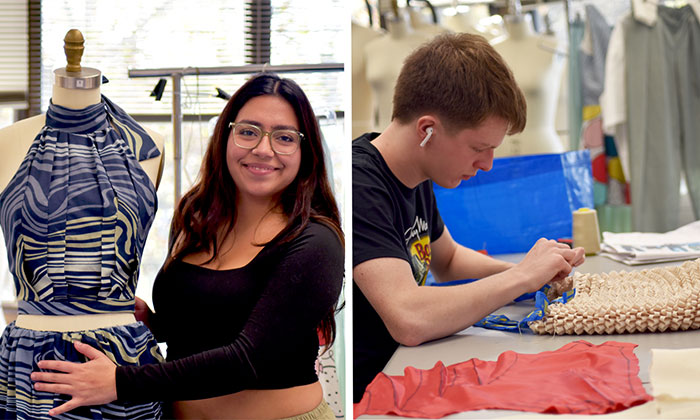 Hazel Villafranco Iraheta (left) works on a matching halter top and bubble skirt while Logan Voigt (right) makes a tote bag from an old lampshade and IKEA shopping bag