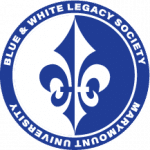 "Blue & White Legacy Society emblem of Marymount University, featuring a blue fleur-de-lis within a circular border containing the society name.