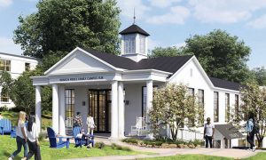 A mock-up design of the new Reinsch Pierce Family Campys Hub depicts a white building with columns and large windows in the middle of a walkway. College students walk past and sit in blue Adirondack chairs outside.