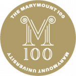 The Marymount 100 Society emblem of Marymount University, featuring an M on top of the numeral 100 within a circular border containing the society name.