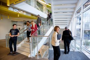 Faculty and students walk down a set of stairs in a bright, window-adjacent stairwell in the Ballston campus.