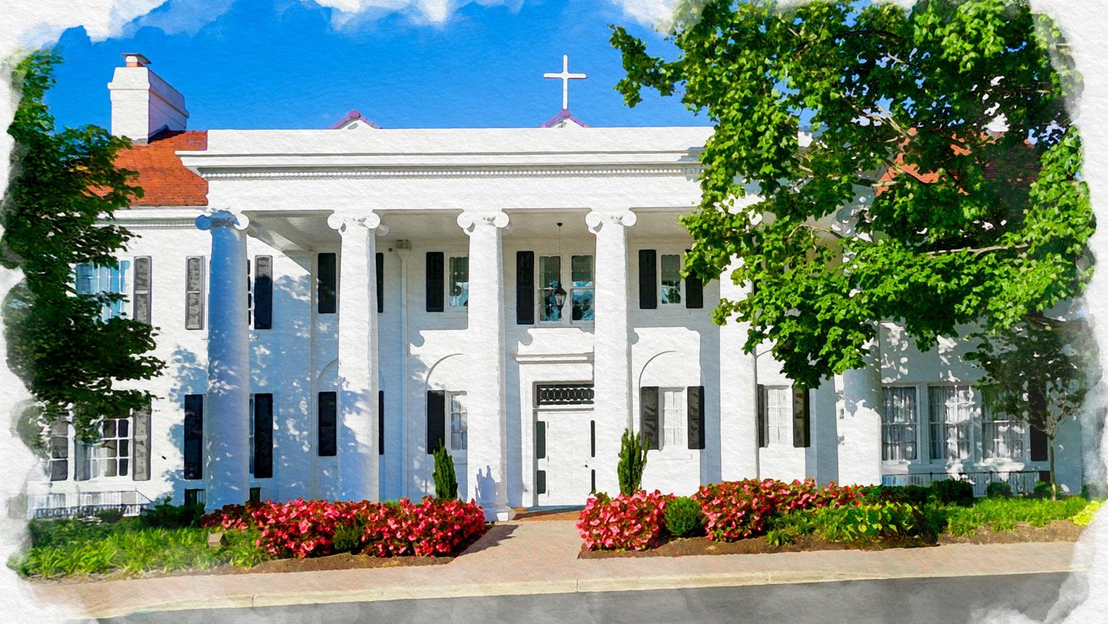 Watercolor image of the Administration Building, a white building with columns in front, at Marymount University.