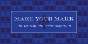 Make Your Mark Brick Campaign logo on dark blue and black grid of bricks with fleur-de-lis.