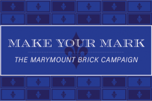 Make Your Mark Brick Campaign logo on dark blue and black grid of bricks with fleur-de-lis.