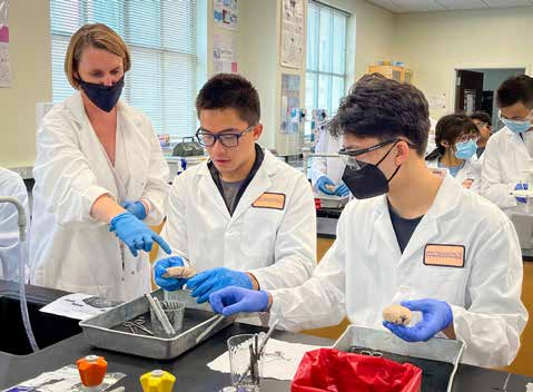 Students in lab coats work together in a science lab.