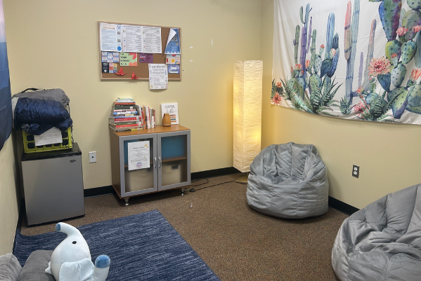 A room with string lights, a mini fridge, stuffed animals and bean bag chairs.