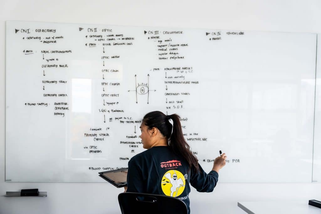 A student writes formulas across a white board