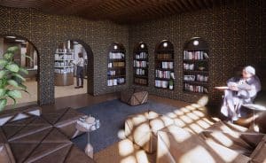 Lajdel designed a library lounge showcasing books the law firm helped publish