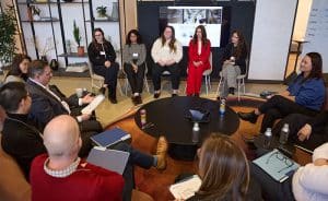 Skvortsova (second from right) presenting her project to Steelcase judges