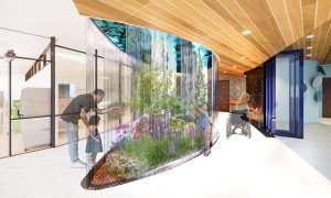 Xu incorporates interactive elements into her work, such as this wall of running water placed at the center of her Water and Earth Wellness Center design