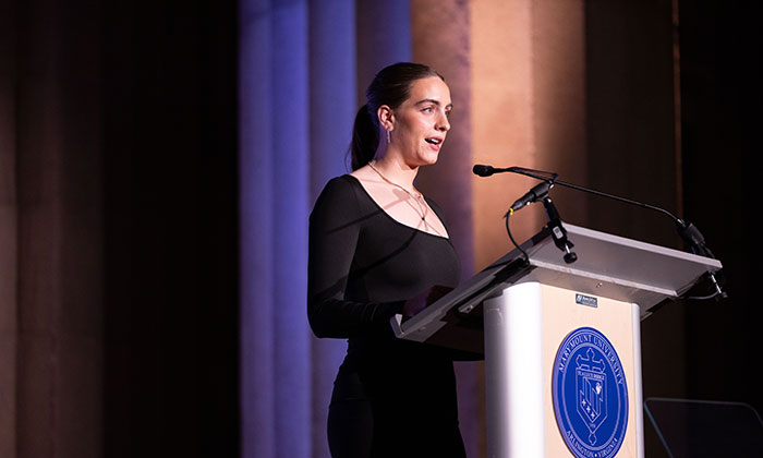 Marymount student-athlete Miah Lopez speaks at the 2026 Halo Awards