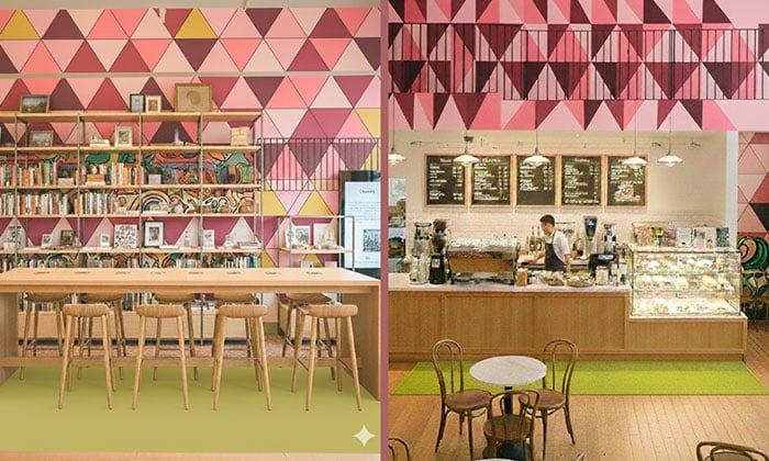 Rendering of Goodman’s Coach Culture Café’s multilingual library (left) and international café (right)