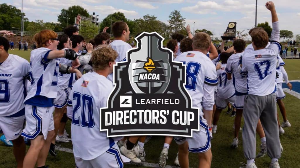 Male athletes in uniform celebrate together. A logo sits on top of the photo and states "NACDA Learfield Directors' Cup"